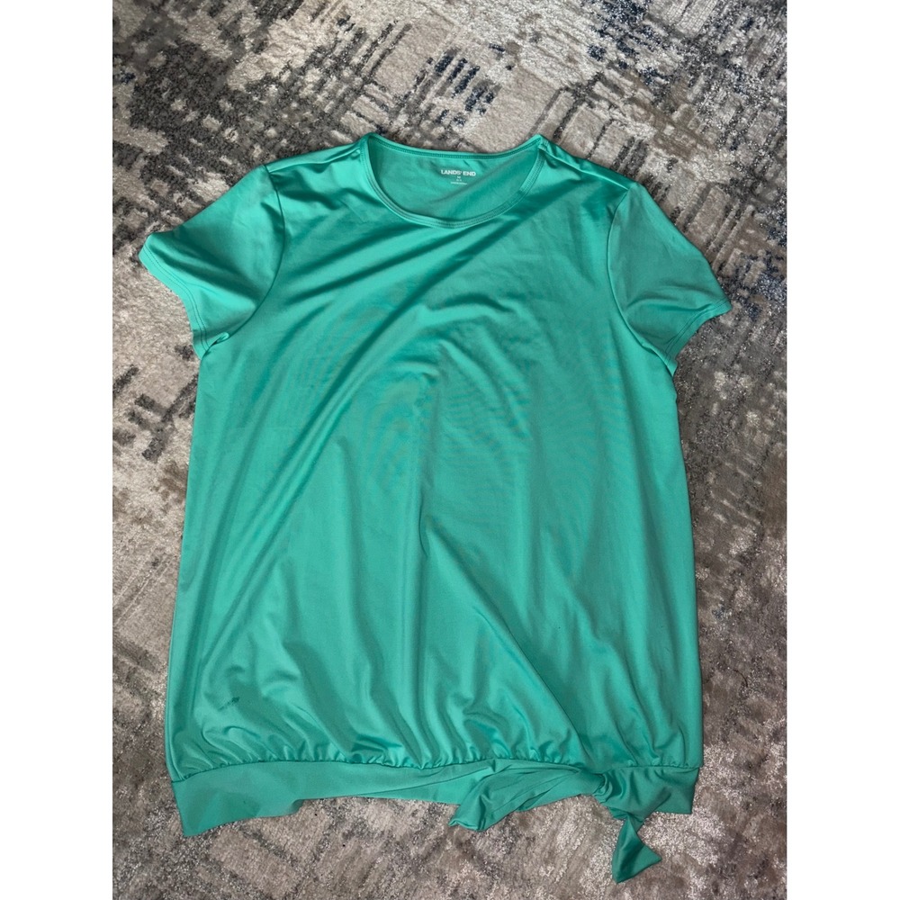 Lands End Womens Short Sleeve Active Top Teal Green Side Tie Hem Size M 10-12